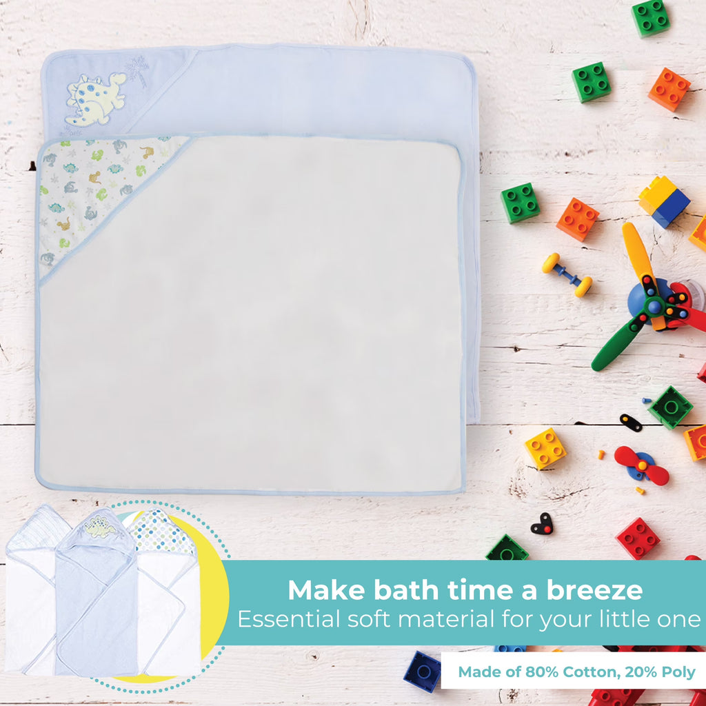 Baby Hooded Towel Set for Newborn Boys and Girls, Soft Terry Bath Set, Pack of 3, Blue Dinosaur