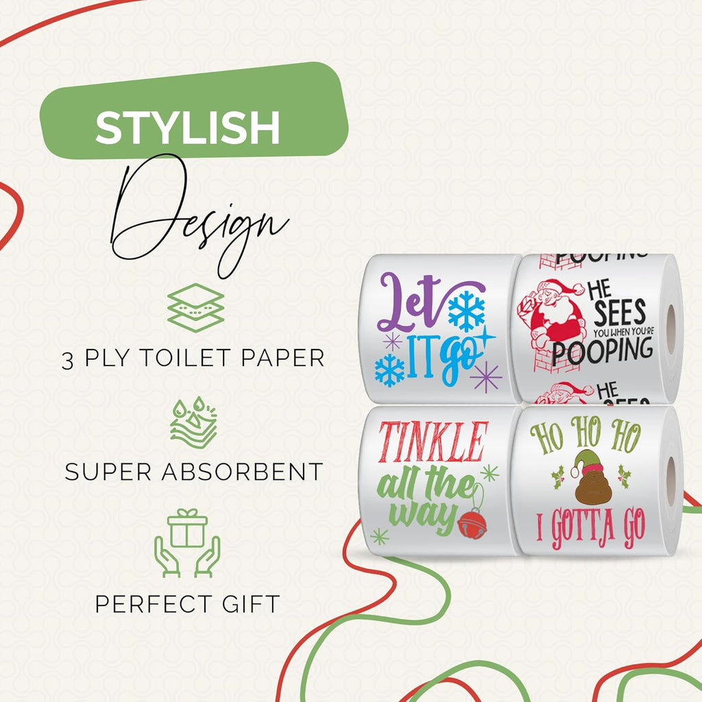 Christmas Toilet Paper Roll Pack of 4 – Holiday Gag Gifts, Funny Christmas Gifts, Perfect for White Elephant and Holiday Parties - Novelty, Santa, Xmas, Grinch and Funny Toilet Paper