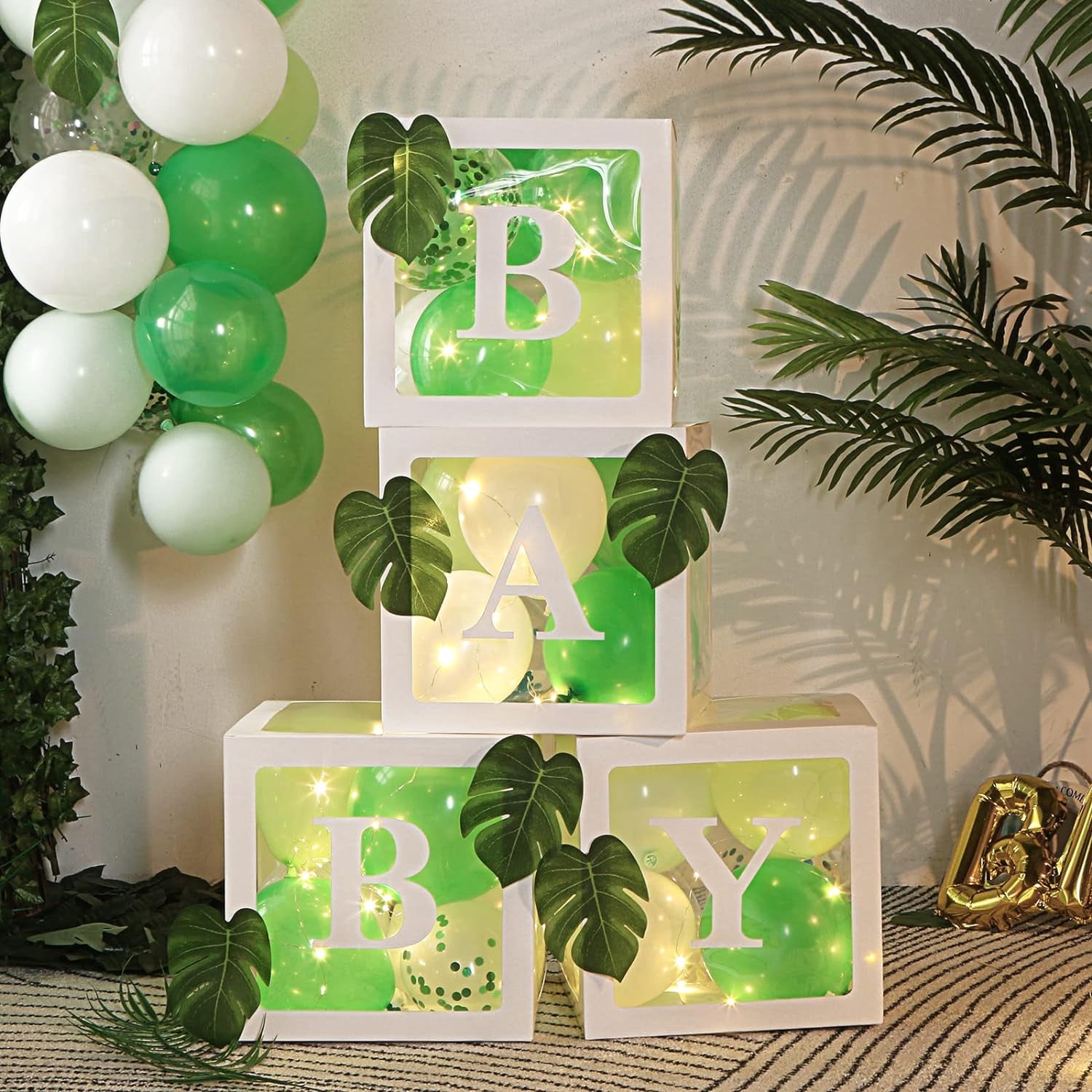 64PCS Sage Green Baby Shower Boxes Decoration with 4 LED String Lights, 50 Balloons,4 BABY Letters, Gold Aluminum Balloon,10 Green Leaves, Baby Shower Blocks for Baby Shower, Gender Reveal Decorations