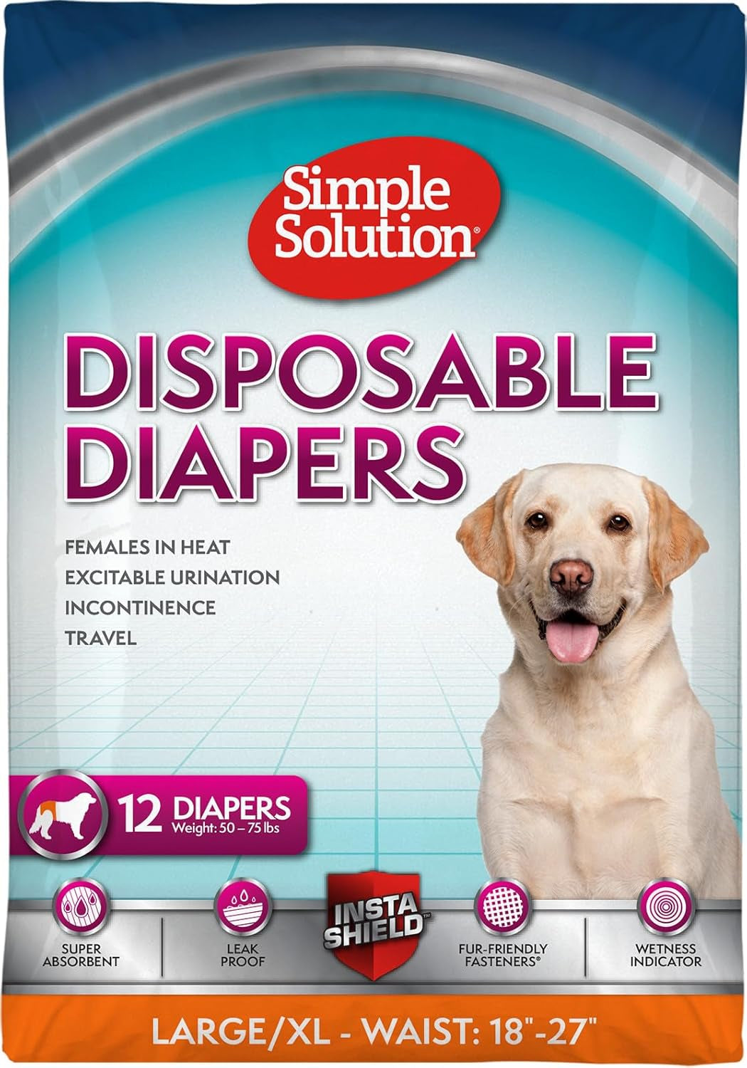Disposable Female Dog Diapers, Absorbent Leak Proof Protection for Incontinence, Puppy Training, Heat Cycle, Travel, and Housebreaking, Large/Xl Dogs, 18–27 Inch Waist, 12 Count