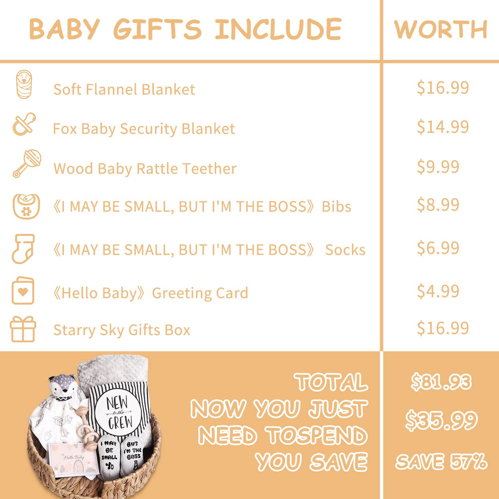 Baby Gift Set, Baby Shower Gifts Basket Newborn Blanket Baby Lovey Security Blanket, Funny Baby Bibs Socks & Greeting Card - Baby Gift Basket Newborn Shower Basket for Boys