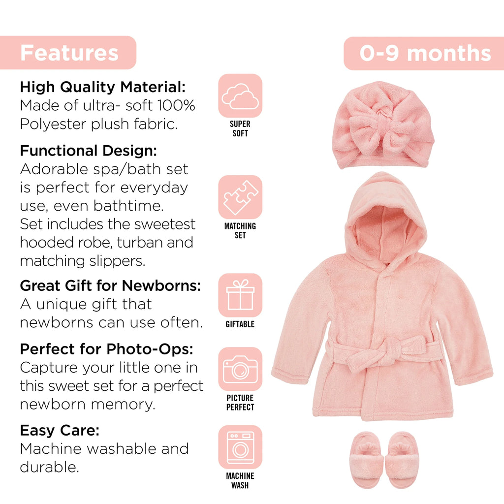 Baby Robe - Soft Plush Bath Towel Robe Spa Set - Baby Bathrobe Towel & Slippers for Boys + Turban for Girls Robe Set (Pink, 0-9 Months)