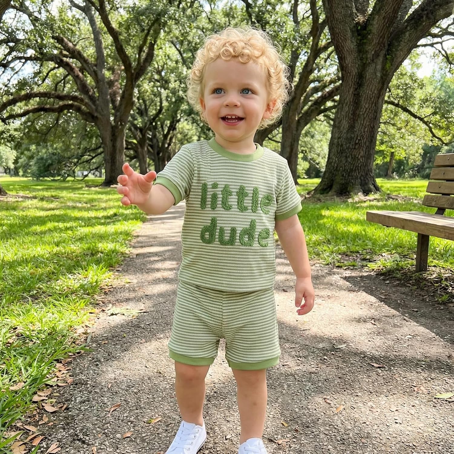 Baby Boy Summer Clothes Mamas Boy Embroidered Waffle Knit Short Sleeve T-Shirt Shorts Set Toddler Striped Outfit