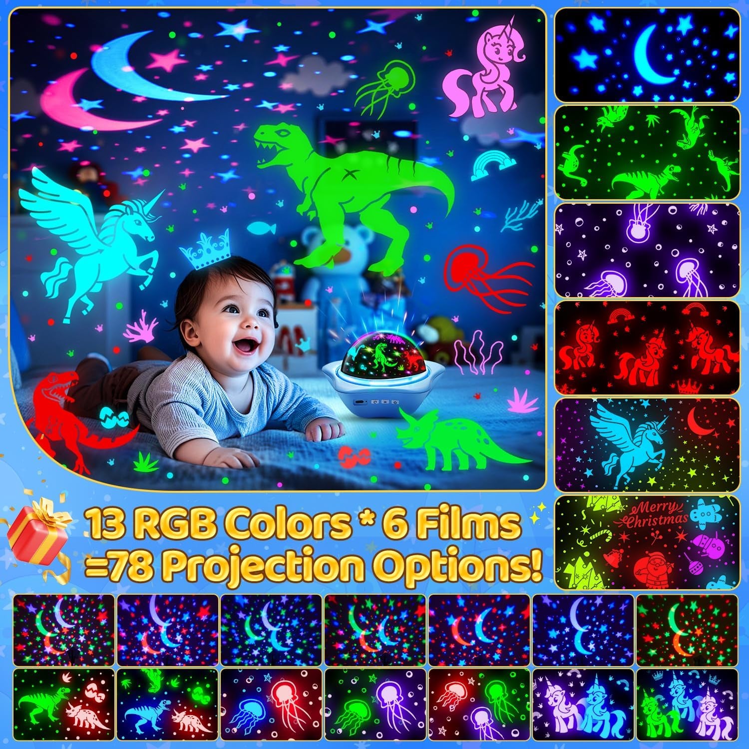 Night Light for Kids Toys,6 Films+78 Lighting Modes Star Projector,Rechargeable Night Light Projector,360°Rotion Star Lights for Bedroom Decor,Birthday Gifts for Kids Baby Sensory Toys Autism