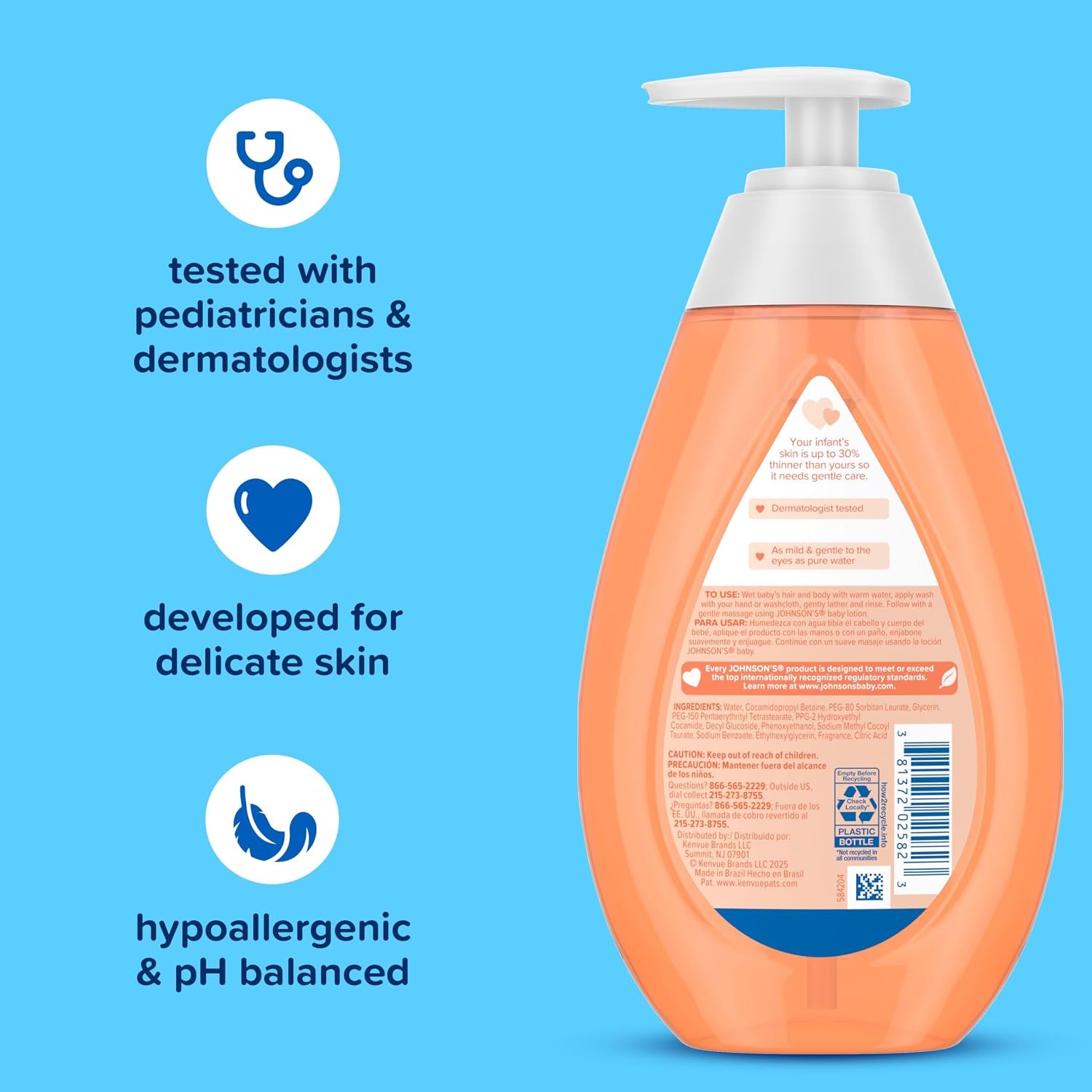 Johnson'S Baby Head-To-Toe Gentle Baby Moisture Tear Free 2 in 1 Baby Wash & Shampoo, Baby Essentials, Hypoallergenic and Ph Balanced, Stress Free Bathing, 13.6 Fl Oz