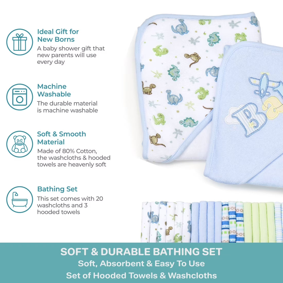 Bath Hooded Towels & Washcloths Set for Babies, 23-Piece Gift Set, Blue Baby
