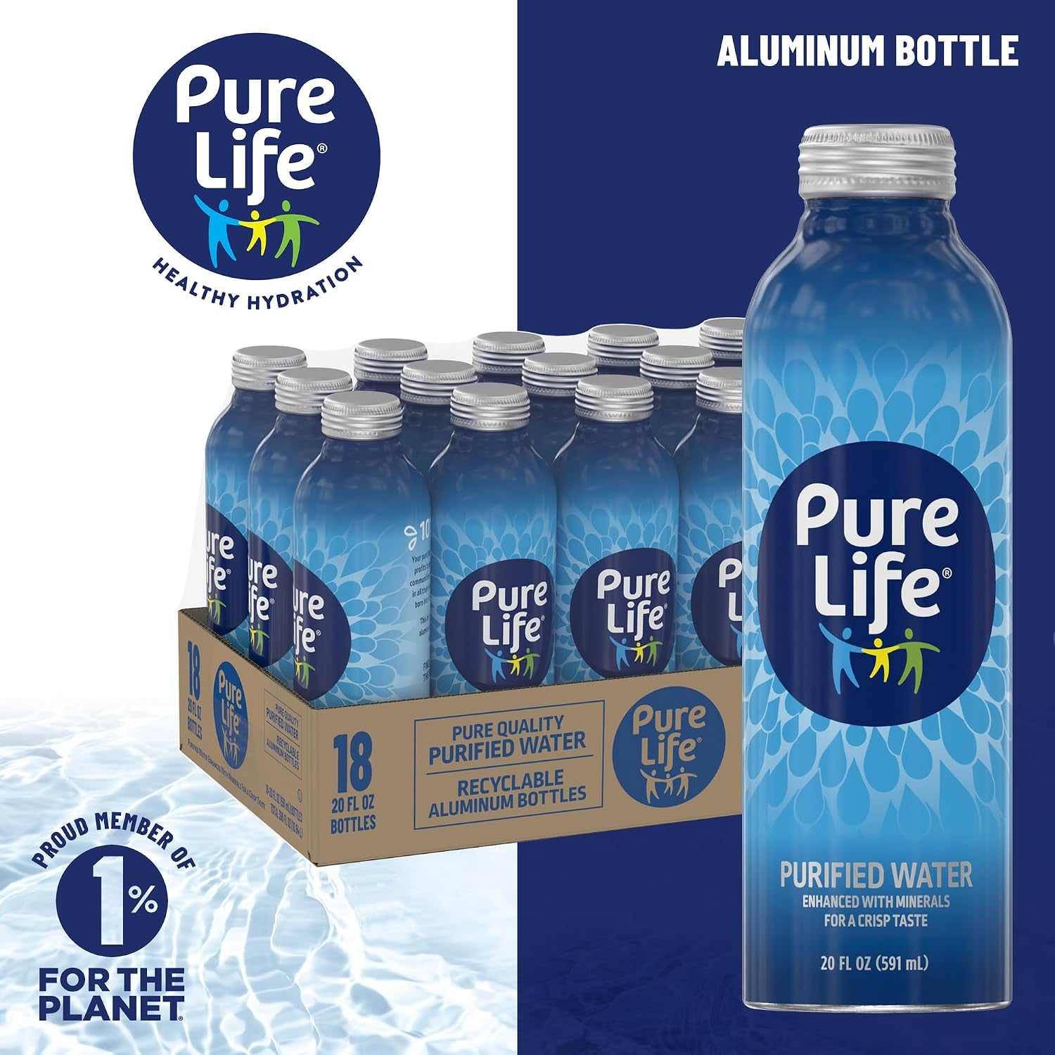 Purified Bottled Water, 18-Pack - Still Bottled Drinking Water Enhanced with Minerals for a Crisp Taste, Aluminum Bottles - 20 Fl Oz