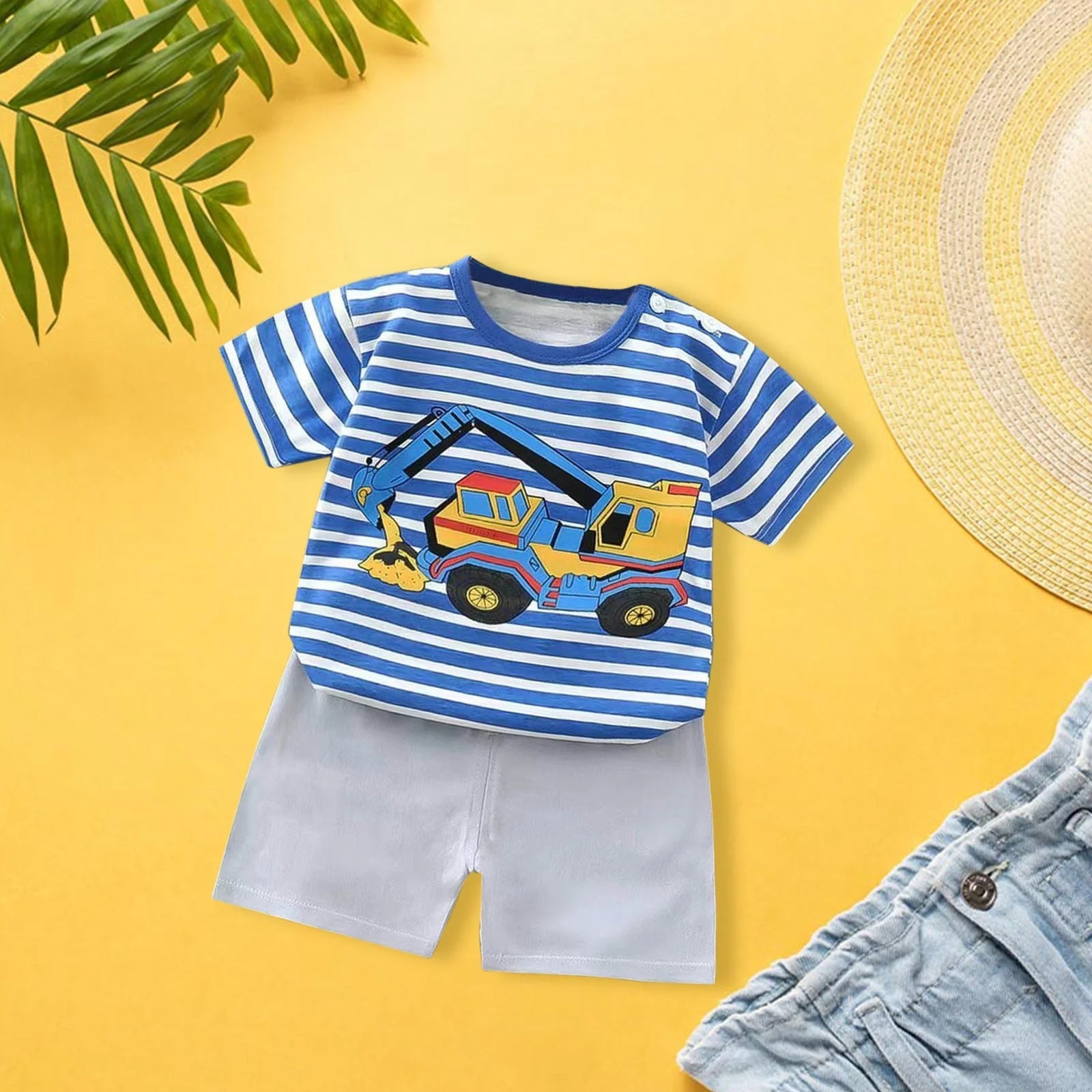 RTKFRFLM Toddler Boy Summer Shorts Set 2 Piece Baby Stripes Cartoon Car Pattern T Shirt Tops+Shorts Clothes Set Outfits,Size 3-6 Months