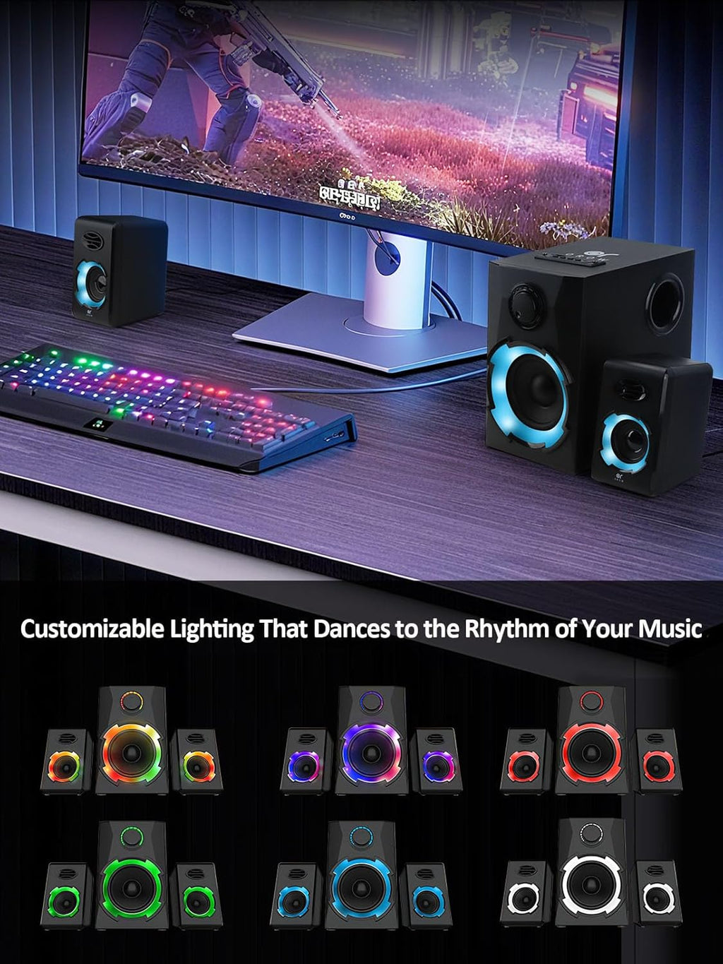 OROW Computer Speakers,40W PC Speakers with Subwoofer,Gaming Speakers with Bass,Ac Powered,Support Bluetooth&Sd&Usb Play, 2.1 Multimedia Speakers System with RGB Light (Black)