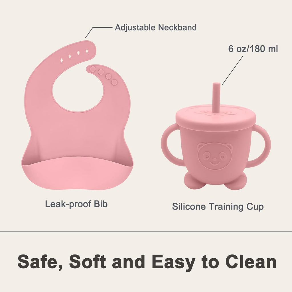 Silicone Baby Feeding Set | Baby Led Weaning Supplies Includes Suction Bowls and Divided Plates, Adjustable Bib, Baby Utensils Spoons and Forks,Cup | Baby Feeding Essentials (Pink)