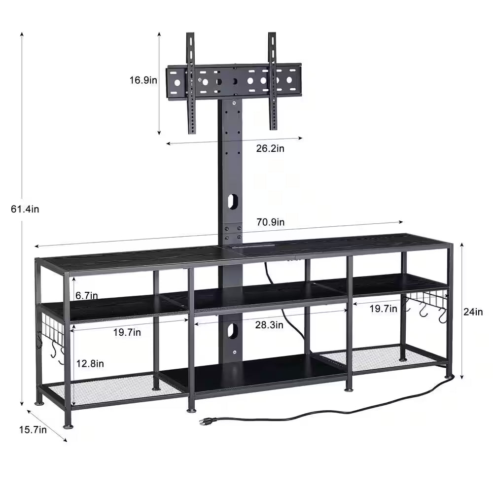 TV Stand with Adjustable TV Mount Industrial Wood and Metal TV Console Table, Black for 75 In. TV W Entertainment Center