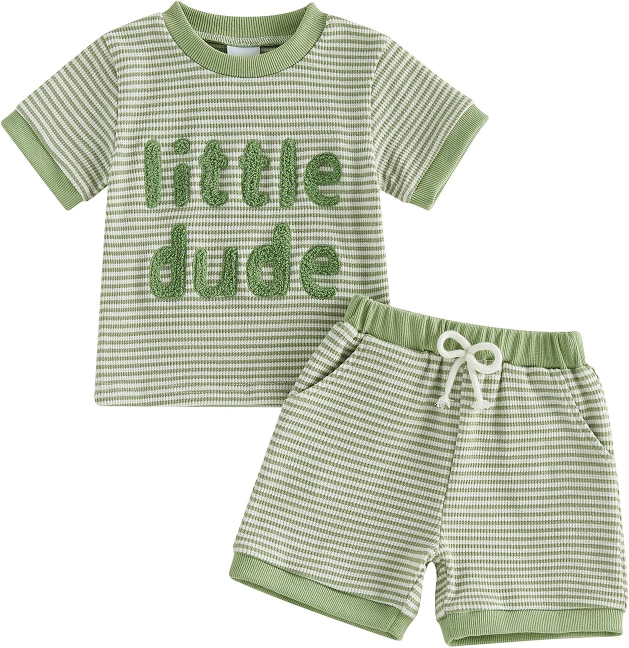 Baby Boy Summer Clothes Mamas Boy Embroidered Waffle Knit Short Sleeve T-Shirt Shorts Set Toddler Striped Outfit