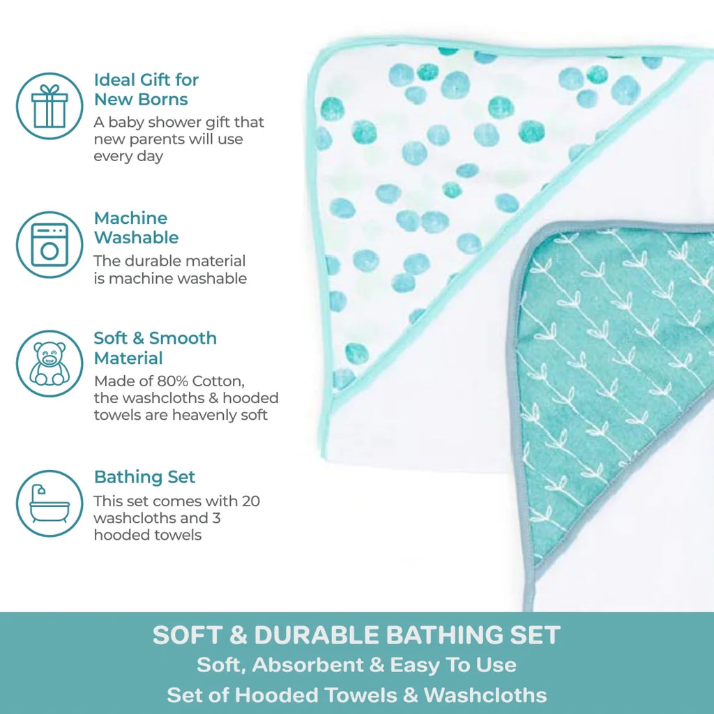Bath Hooded Towels & Washcloths Set for Babies, 23-Piece Gift Set, Green Dots