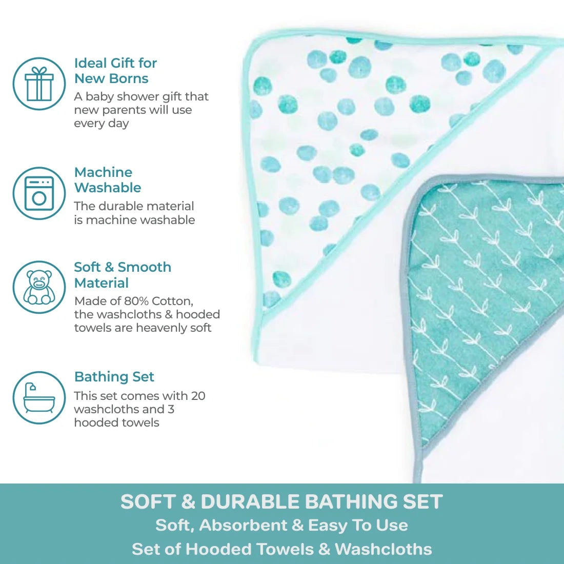 Bath Hooded Towels & Washcloths Set for Babies, 23-Piece Gift Set, Green Dots