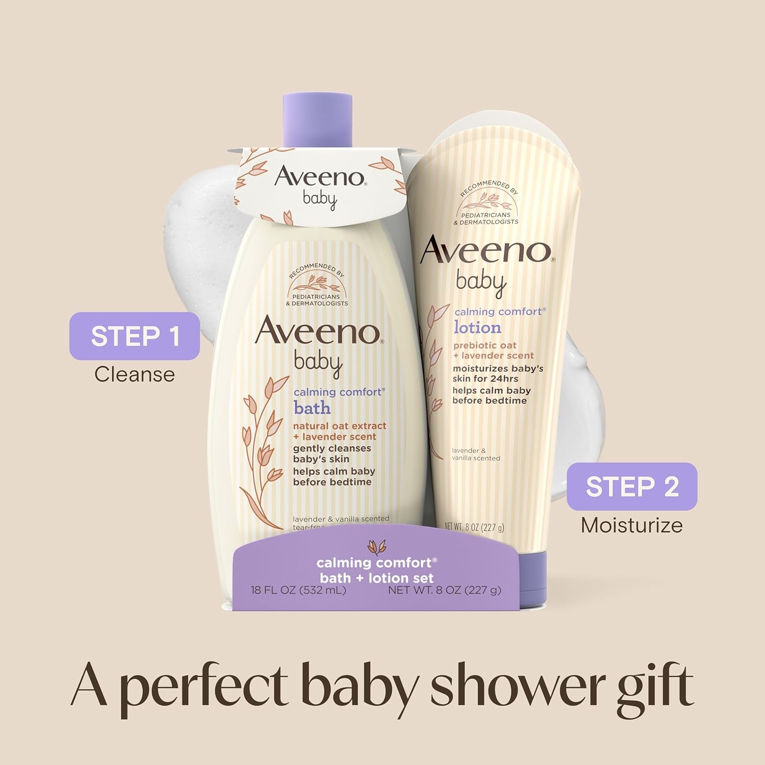 Aveeno Baby Calming Comfort Bath + Body Lotion Set, Nighttime Baby Wash & Baby Lotion with Oat Extract, Soothing Lavender & Vanilla Scent, Gently Cleanses & Helps Calm Baby before Bedtime, 2 Items