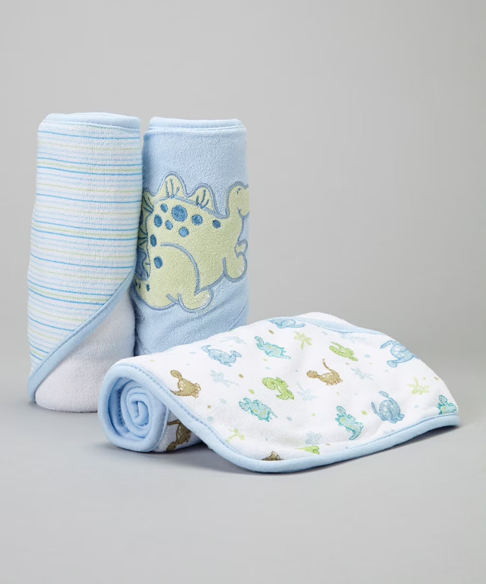 Baby Hooded Towel Set for Newborn Boys and Girls, Soft Terry Bath Set, Pack of 3, Blue Dinosaur