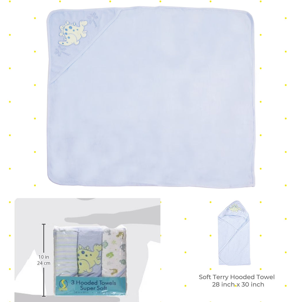 Baby Hooded Towel Set for Newborn Boys and Girls, Soft Terry Bath Set, Pack of 3, Blue Dinosaur