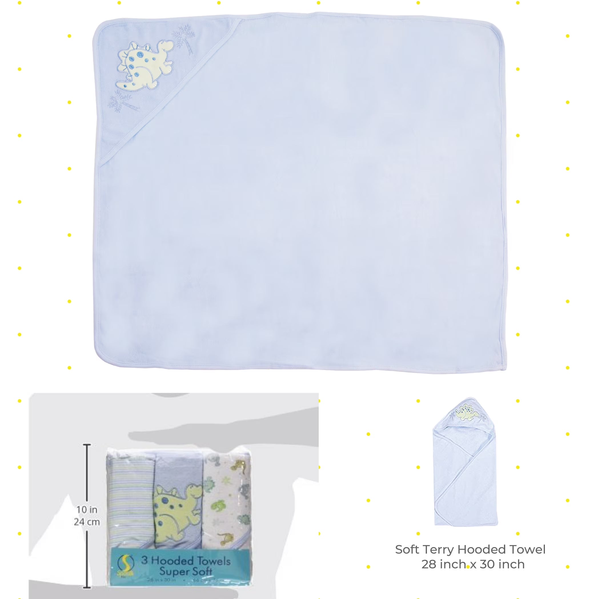 Baby Hooded Towel Set for Newborn Boys and Girls, Soft Terry Bath Set, Pack of 3, Blue Dinosaur