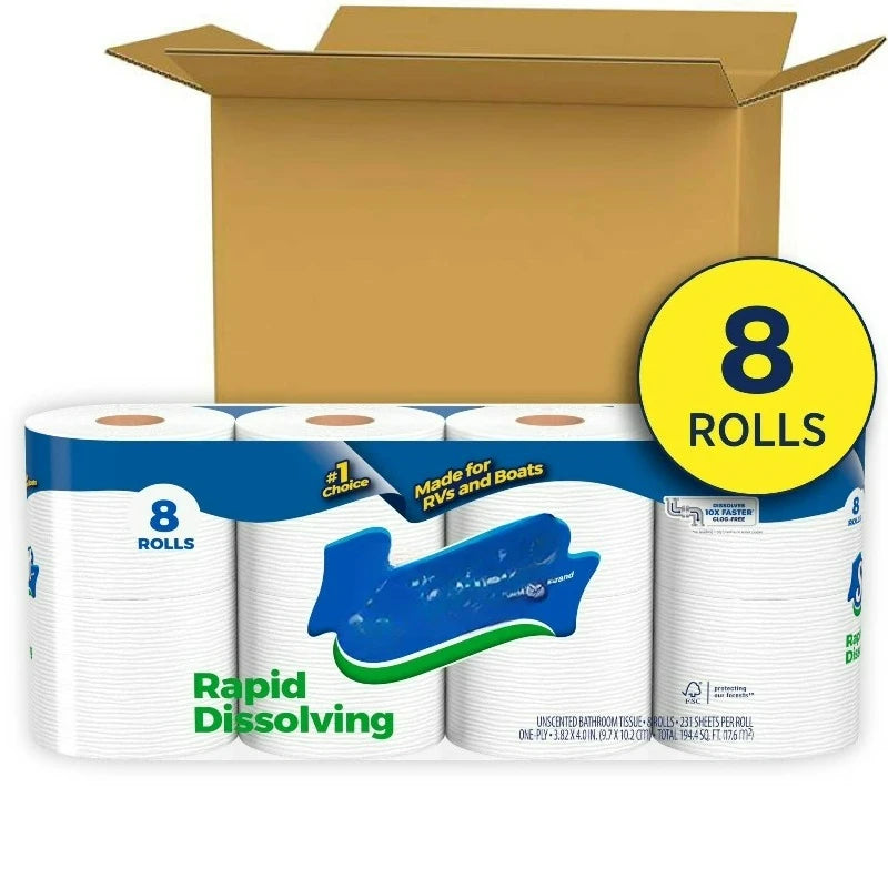 Rapid-Dissolving Toilet Paper for Rvs & Boats, 8 Double Rolls