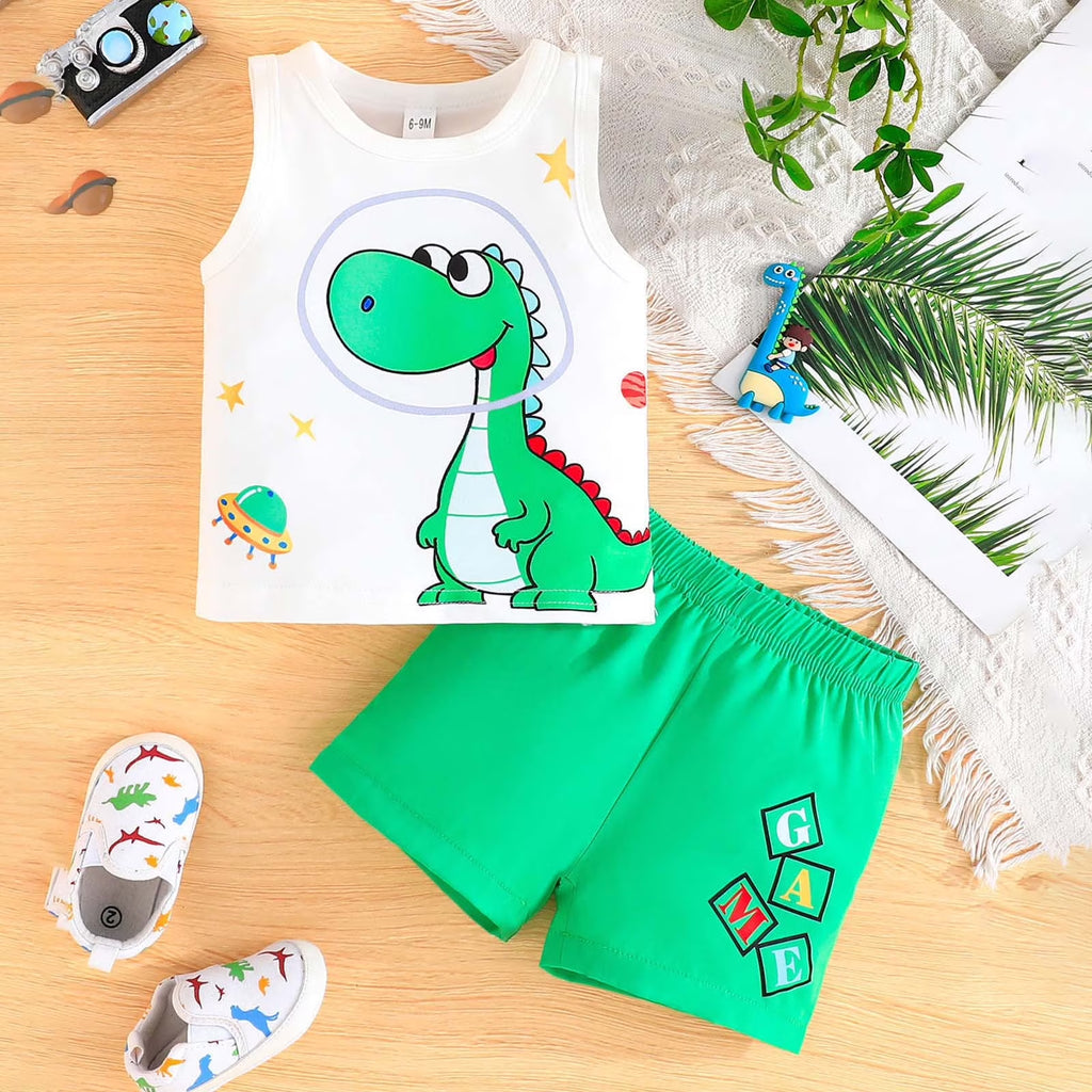 Toddler Boy Summer Shorts Set 2 Piece Short Sleeve Casual Cartoon Prints Tops Holiday Vest T Shirt Short Pants Suit Clothes Set Outfits,Size 9-12 Months