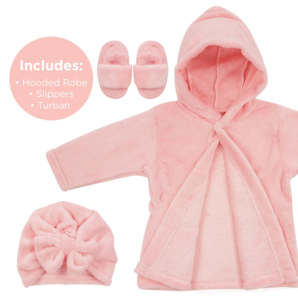 Baby Robe - Soft Plush Bath Towel Robe Spa Set - Baby Bathrobe Towel & Slippers for Boys + Turban for Girls Robe Set (Pink, 0-9 Months)