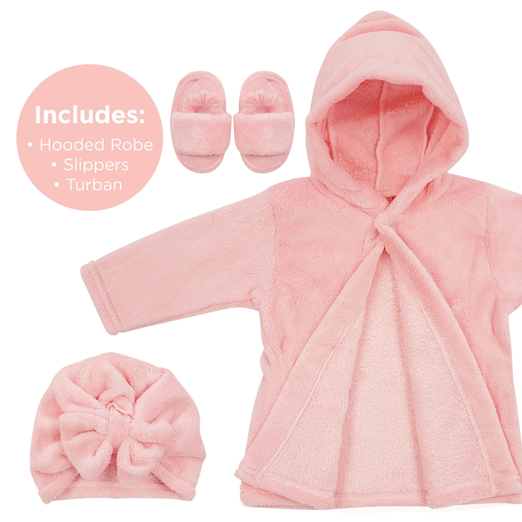 Baby Robe - Soft Plush Bath Towel Robe Spa Set - Baby Bathrobe Towel & Slippers for Boys + Turban for Girls Robe Set (Pink, 0-9 Months)
