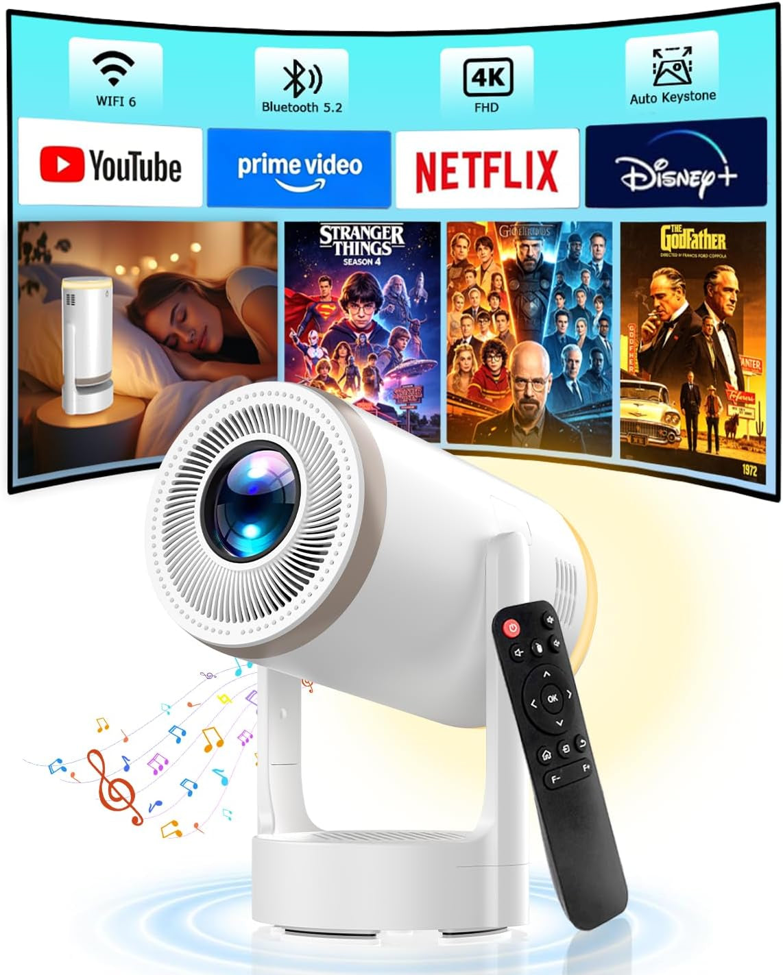[Built-In Apps] 2-In-1 Portable Projector & LED Night Light, Smart Projector with Wifi and Bluetooth, Supports 4K/1080P, Electric Focus/Enhanced Speaker, Home Movie Projector for Bedroom