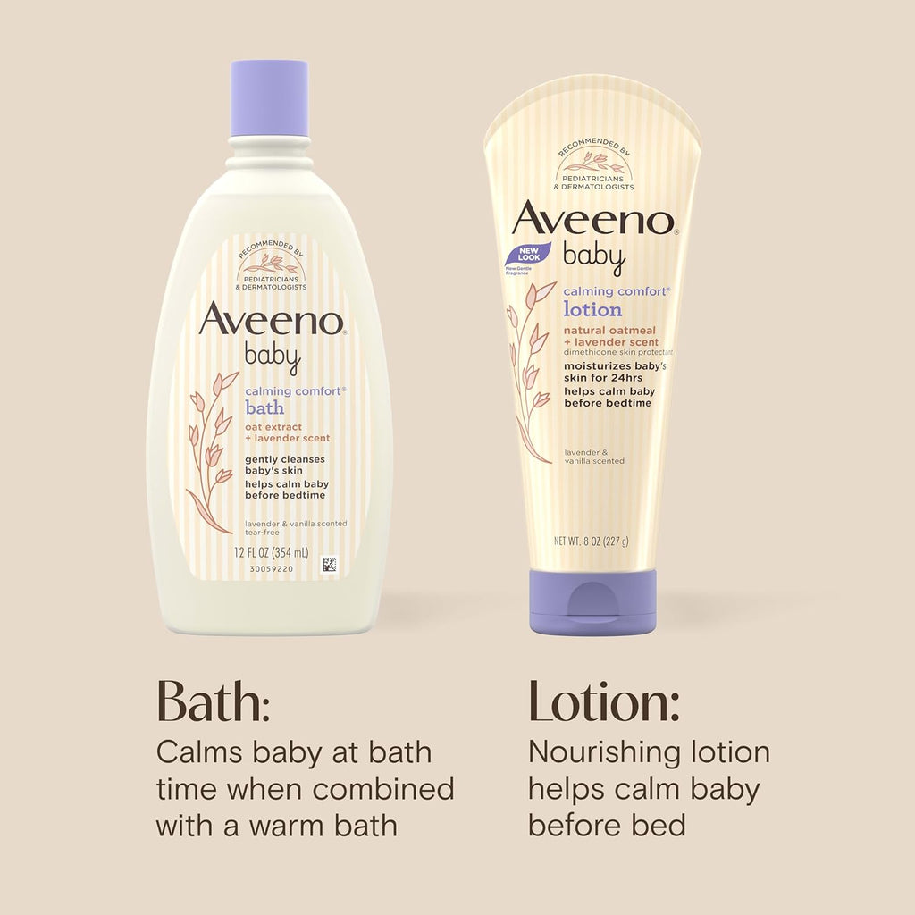 Aveeno Baby Calming Comfort Bath + Body Lotion Set, Nighttime Baby Wash & Baby Lotion with Oat Extract, Soothing Lavender & Vanilla Scent, Gently Cleanses & Helps Calm Baby before Bedtime, 2 Items