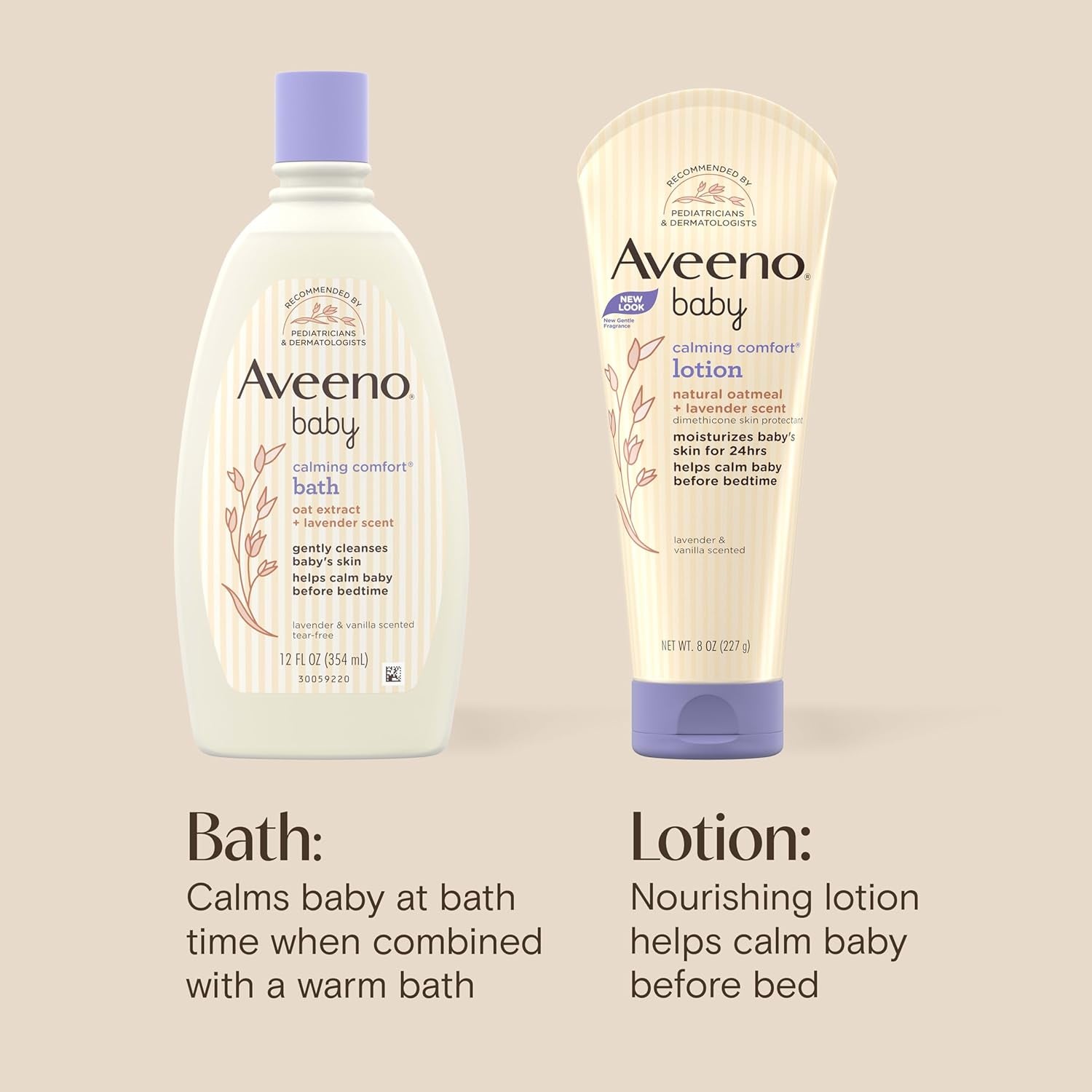 Aveeno Baby Calming Comfort Bath + Body Lotion Set, Nighttime Baby Wash & Baby Lotion with Oat Extract, Soothing Lavender & Vanilla Scent, Gently Cleanses & Helps Calm Baby before Bedtime, 2 Items