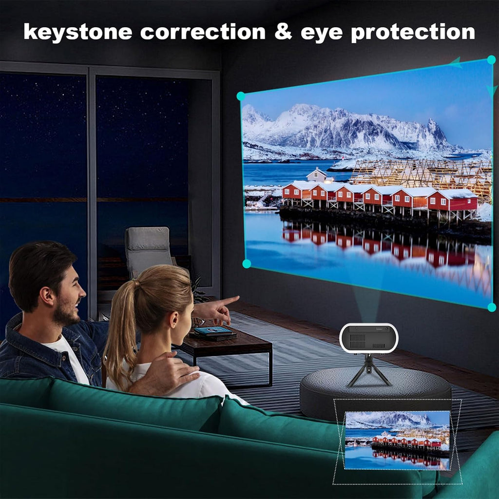 Mini Projector with Bult-In Speaker, 150ANSI Support 1080P, Auto Keystone Correction, 26"-120" Projection Screen, Portable Video Projector, Compatible with Laptop, HDMI, USB, AV