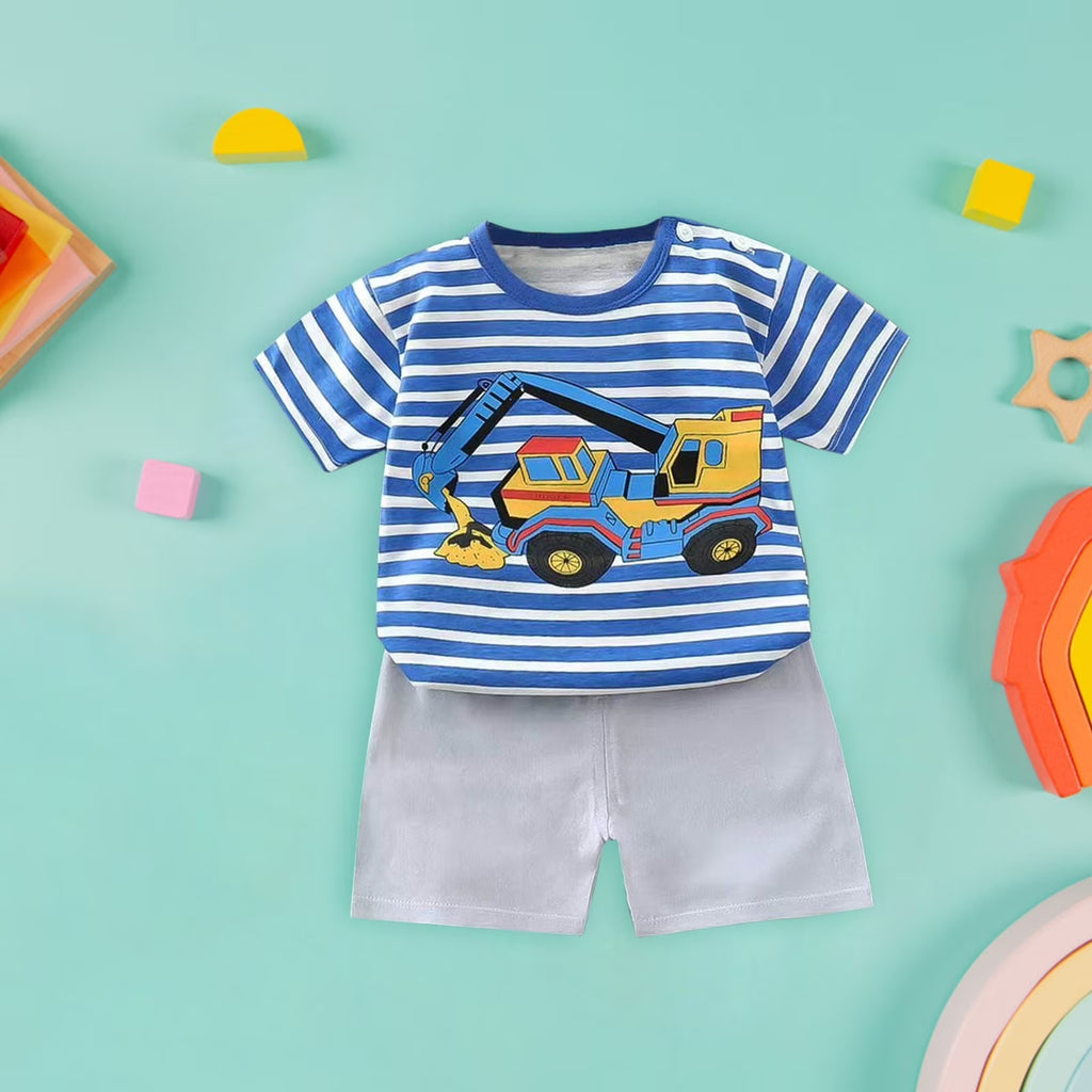 RTKFRFLM Toddler Boy Summer Shorts Set 2 Piece Baby Stripes Cartoon Car Pattern T Shirt Tops+Shorts Clothes Set Outfits,Size 6-12 Months