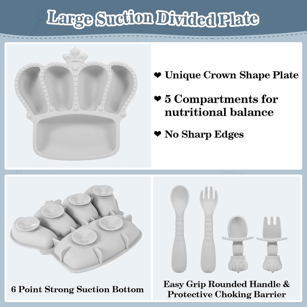 Silicone Baby Feeding Set 10 Pcs Baby Led Weaning Supplies Suction Bowl Divided Plate Baby Bibs Fruit Feeder Pacifier Baby Spoons Forks Sippy Cup Utensil Sets Baby Essentials for Newborn Grey