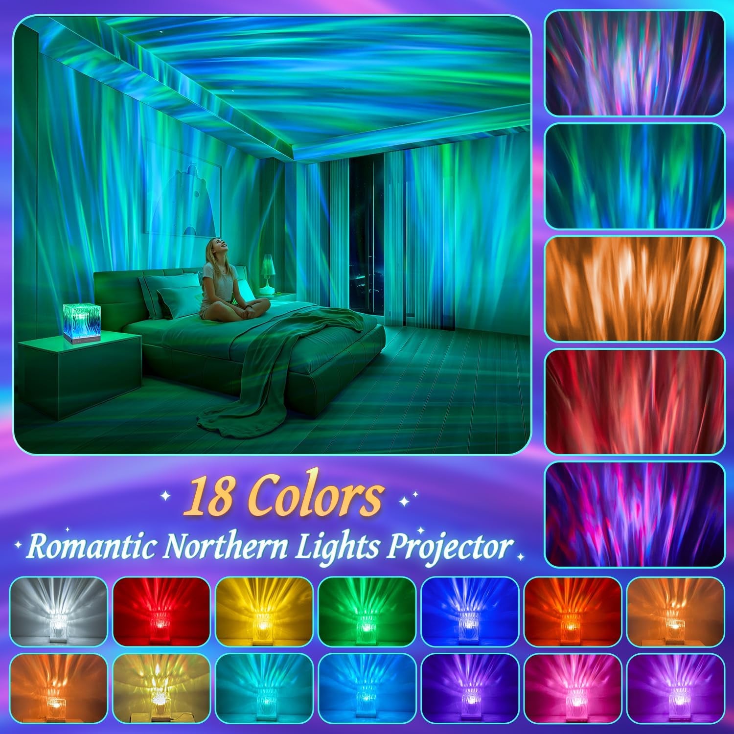 Northern Lights Projector White Noise Sound Machine for Sleep, 18-Color 15 White Noise Machine for Sleeping, Bluetooth Aurora Light Projector for Bedroom Aurora Projector,Shower Light Ambient Lighting
