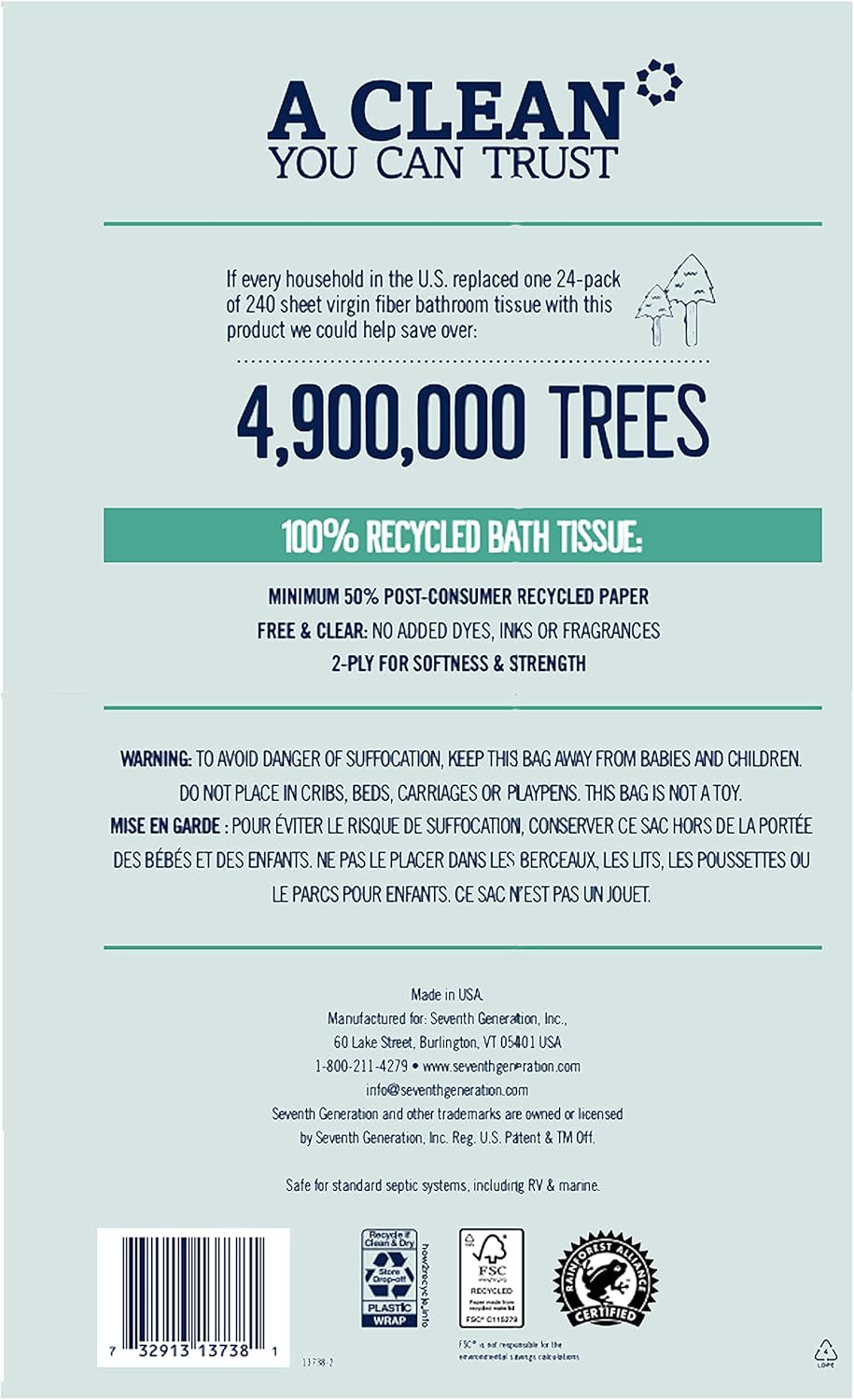 Seventh Generation Bath Tissue Toilet Paper Chlorine Free 2 Ply Toilet Paper 100% Recycled Paper 4 Count (Pack of 1)