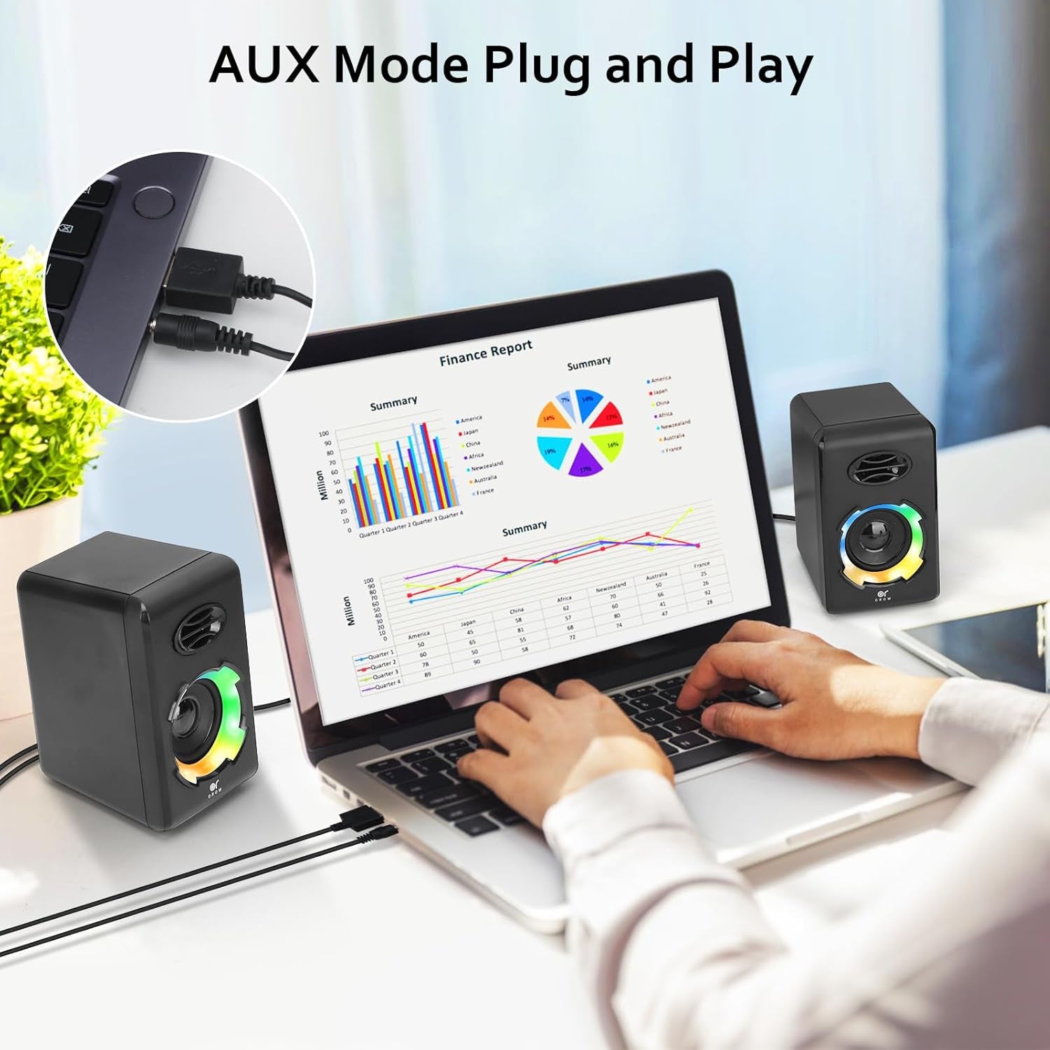 OROW Computer Speakers,Usb Powered Desktop Speakers with 6 Lights Modes,Bluetooth 5.0&3.5Mm AUX Speaker,Rgb Gaming Speakers for Pc/Monitor(Black)