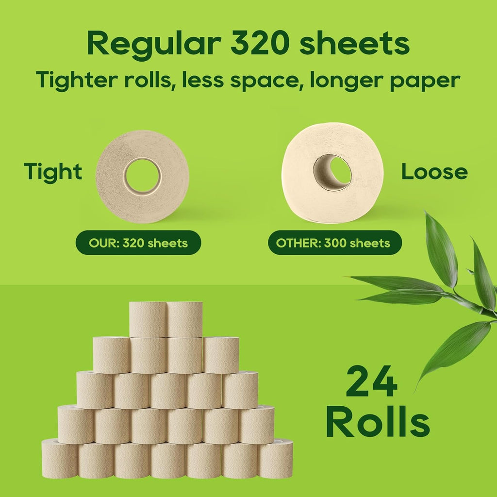 Bamboo Toilet Paper, Septic Safe Toilet Tissue, 24 Double Rolls, 320 Sheets per Roll, Tree Free, Non Toxic, 2 Ply, Soft and Absorbent, Eco Friendly Dye-Free Paper, Nature