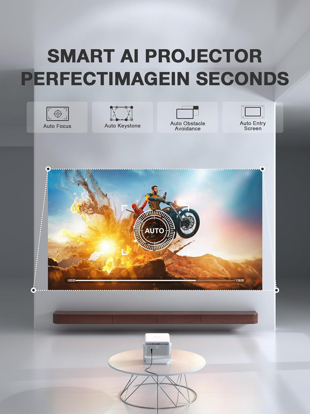 【Compatible with Netflix & Auto Focus 】 Smart Projector with Wifi and Bluetooth, Auto Focus & Keystone Protable Mini Projector with Stand, 4K Home Theater Projector