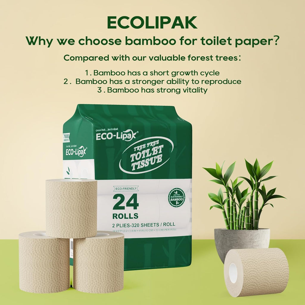 Bamboo Toilet Paper, Septic Safe Toilet Tissue, 24 Double Rolls, 320 Sheets per Roll, Tree Free, Non Toxic, 2 Ply, Soft and Absorbent, Eco Friendly Dye-Free Paper, Nature