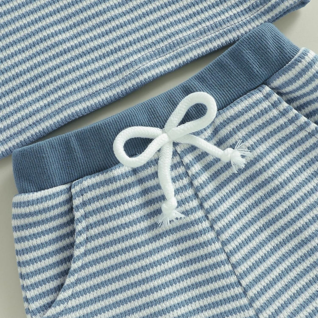 Baby Boy Summer Clothes Mamas Boy Embroidered Waffle Knit Short Sleeve T-Shirt Shorts Set Toddler Striped Outfit