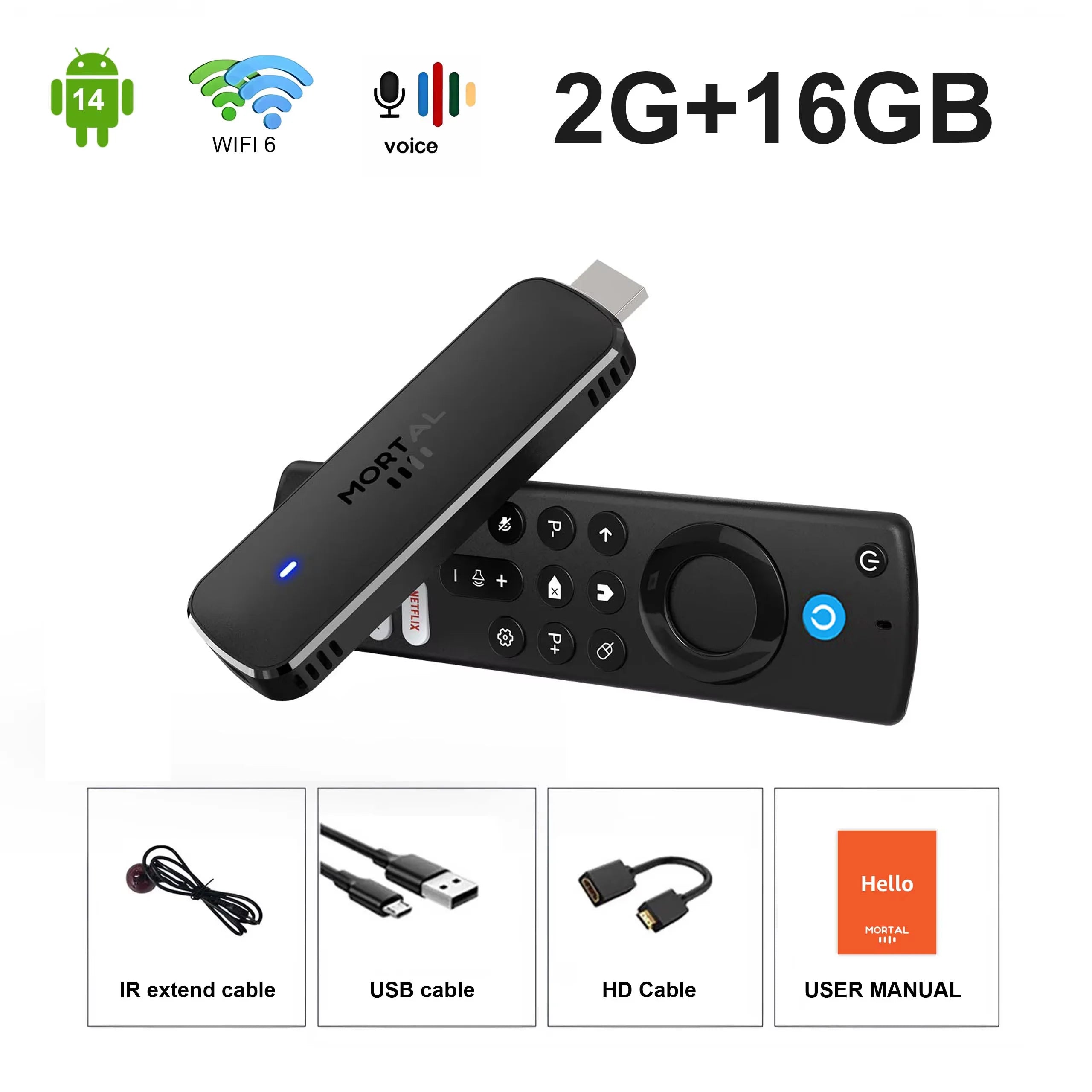 Mortal Android 14 TV Stick Full HD 4K 1080P Wifi 6 Google Voice NETFLIX Youtube Q8 BT5 24Fps Wireless Video Decode Media Player
