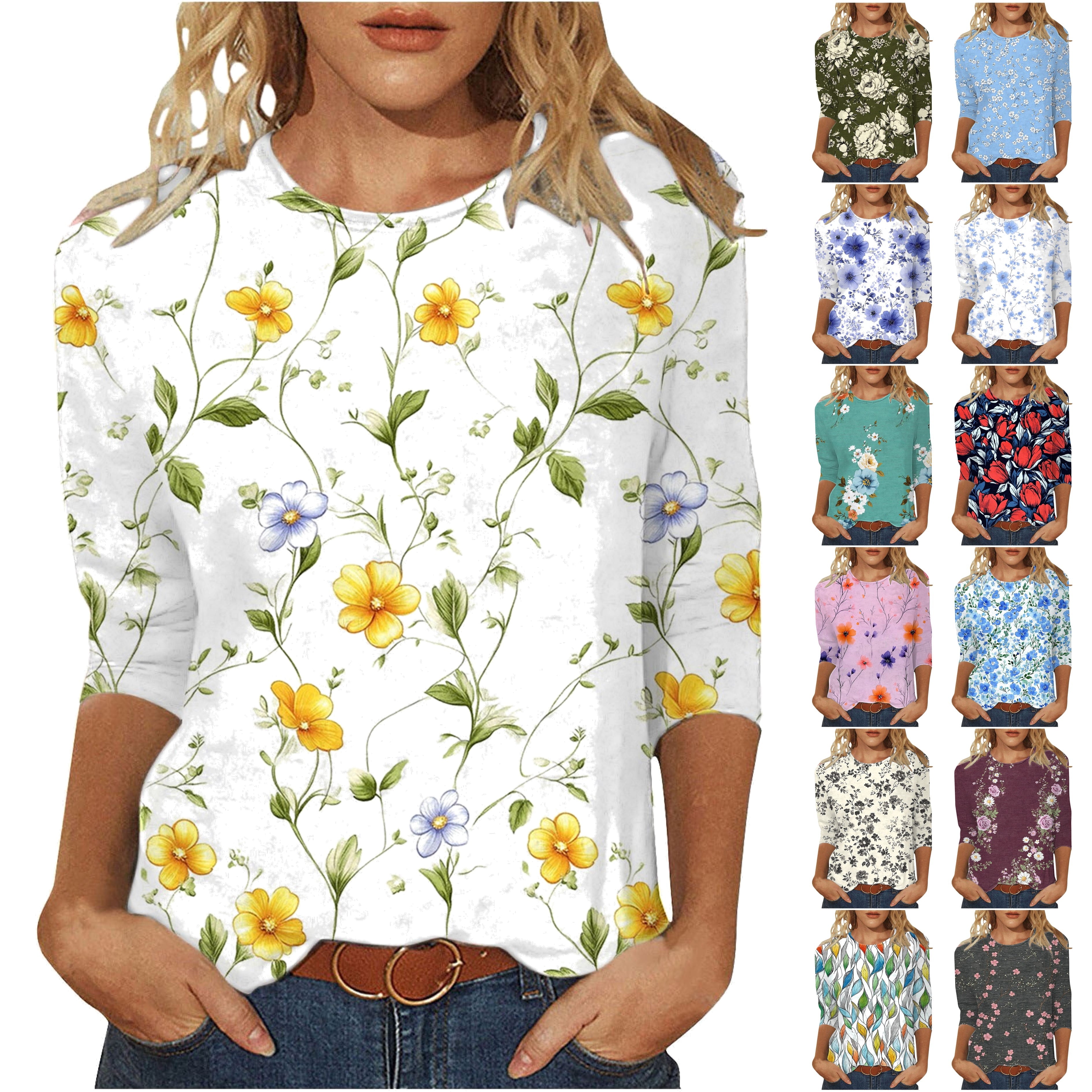 3/4 Length Sleeve Womens Tops Casual Loose Fit Crewneck T Shirts plus Size Spring Summer Tees Limited Time Sales of Today Multicolor XXXL
