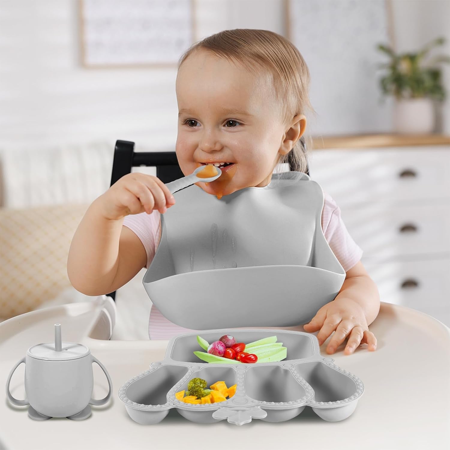 Silicone Baby Feeding Set 10 Pcs Baby Led Weaning Supplies Suction Bowl Divided Plate Baby Bibs Fruit Feeder Pacifier Baby Spoons Forks Sippy Cup Utensil Sets Baby Essentials for Newborn Grey