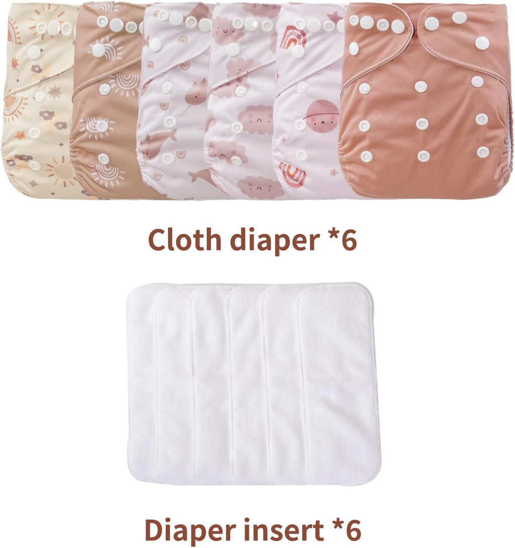 12 Set Reusable Adjustable Cloth Diapers for Newborn | to 0-3 Years,One Size Washable Pocket Nappy Covers for Baby Girl and Boy,6 Pack Cloth Diapers+6Pcs Microfiber Inserts(Pink)