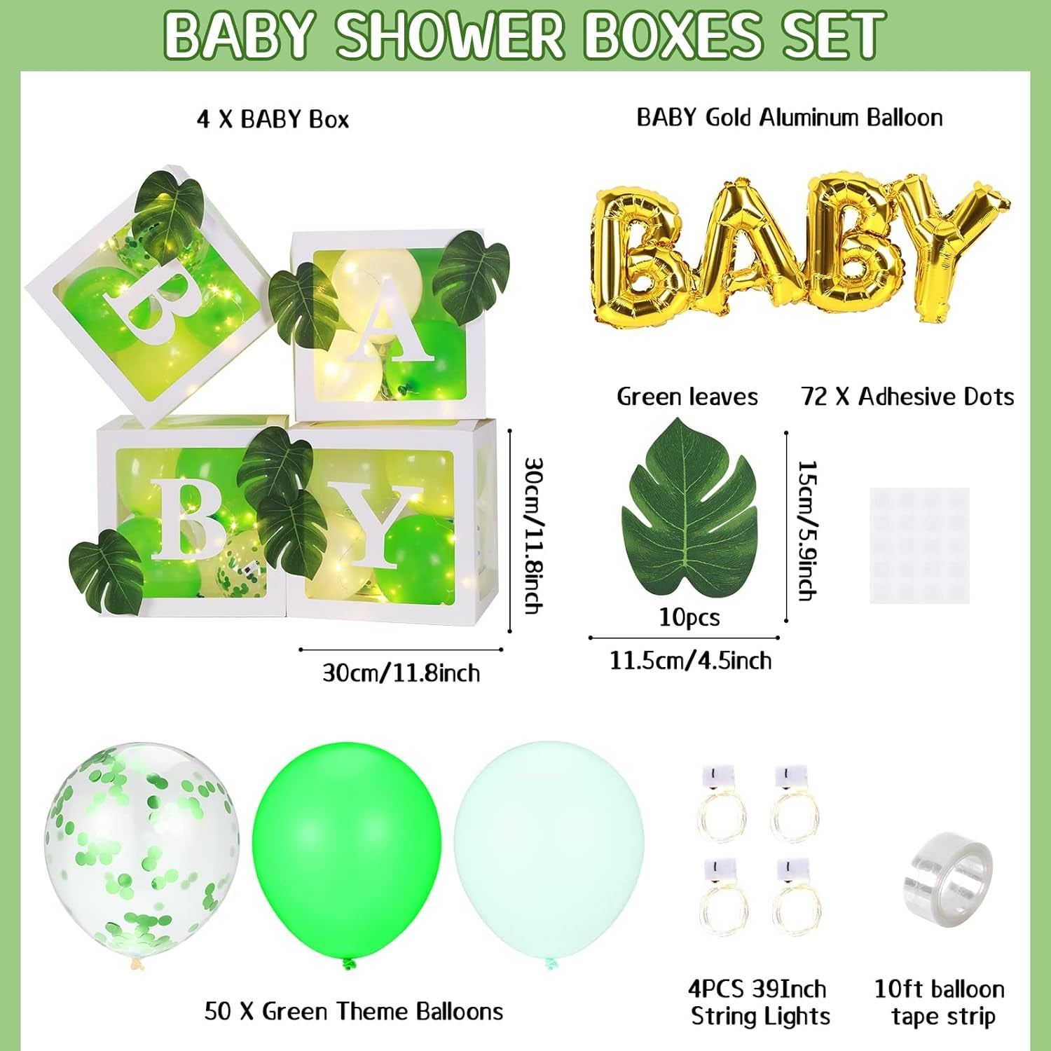 64PCS Sage Green Baby Shower Boxes Decoration with 4 LED String Lights, 50 Balloons,4 BABY Letters, Gold Aluminum Balloon,10 Green Leaves, Baby Shower Blocks for Baby Shower, Gender Reveal Decorations