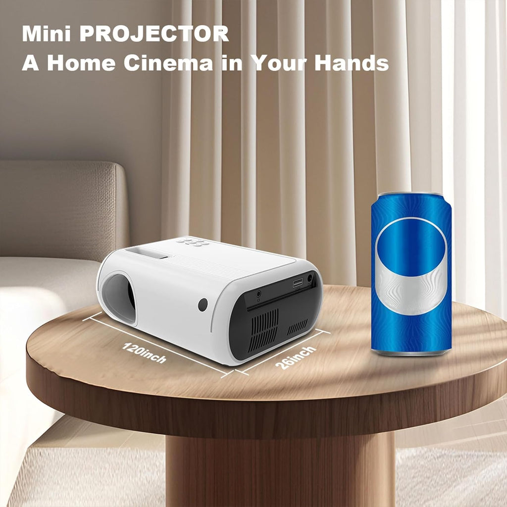 Mini Projector with Bult-In Speaker, 150ANSI Support 1080P, Auto Keystone Correction, 26"-120" Projection Screen, Portable Video Projector, Compatible with Laptop, HDMI, USB, AV