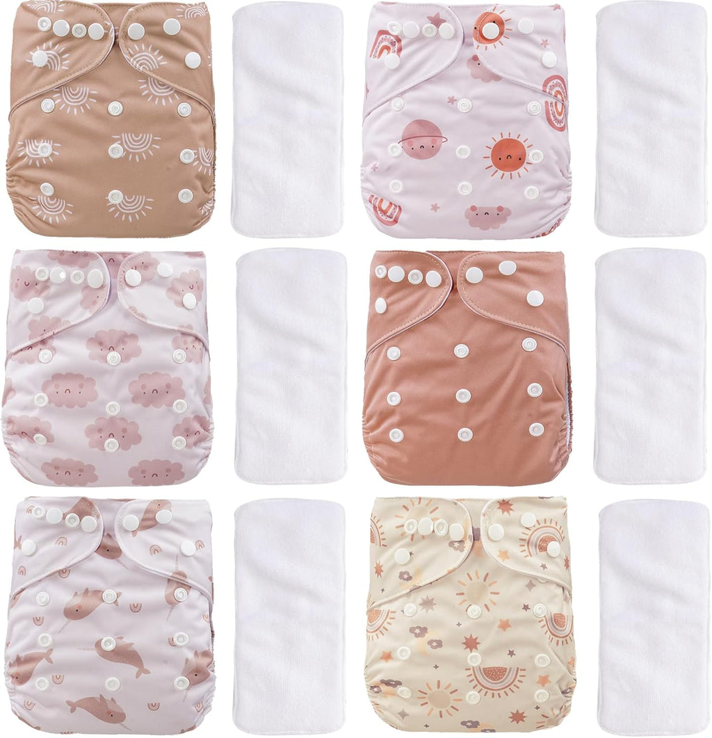 12 Set Reusable Adjustable Cloth Diapers for Newborn | to 0-3 Years,One Size Washable Pocket Nappy Covers for Baby Girl and Boy,6 Pack Cloth Diapers+6Pcs Microfiber Inserts(Pink)