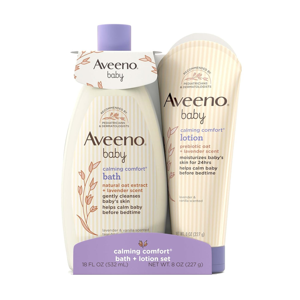 Aveeno Baby Calming Comfort Bath + Body Lotion Set, Nighttime Baby Wash & Baby Lotion with Oat Extract, Soothing Lavender & Vanilla Scent, Gently Cleanses & Helps Calm Baby before Bedtime, 2 Items