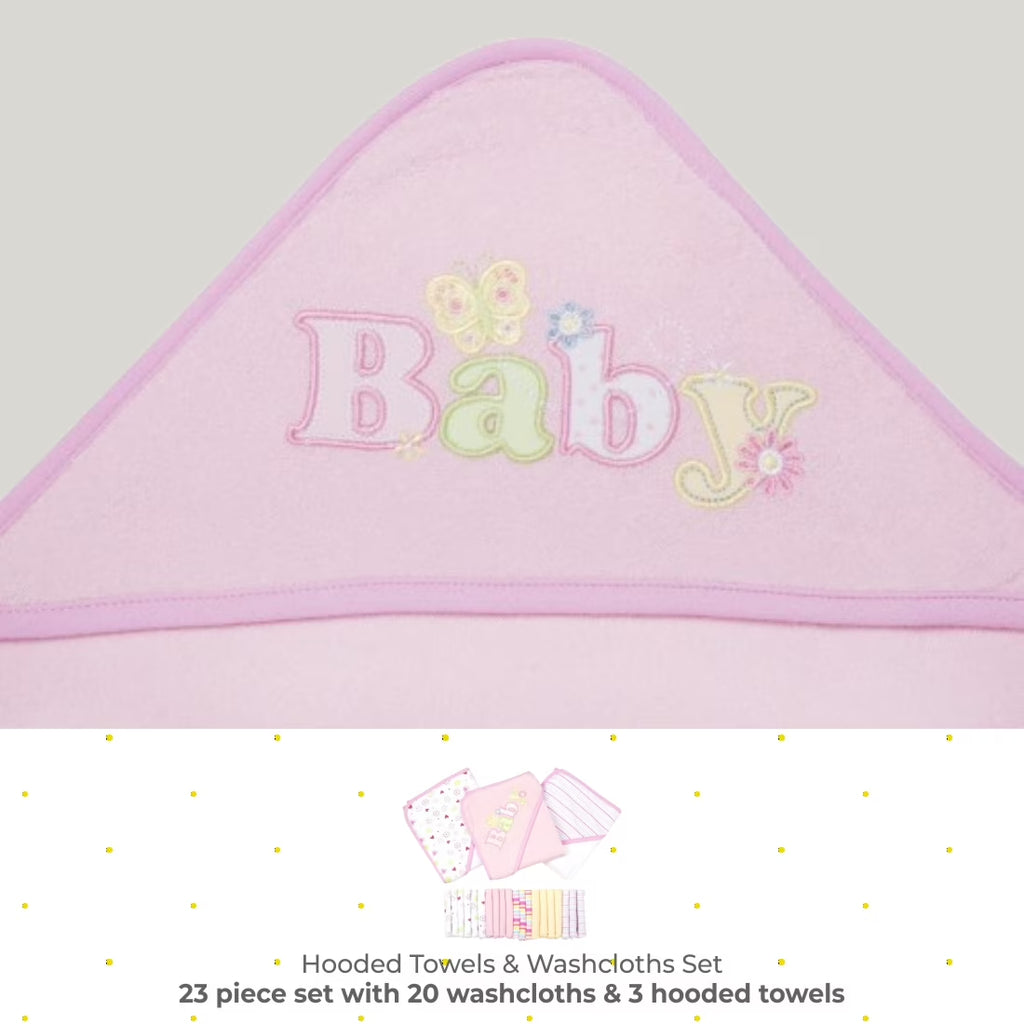 Bath Hooded Towels & Washcloths Set for Babies, 23-Piece Gift Set, Pink Baby
