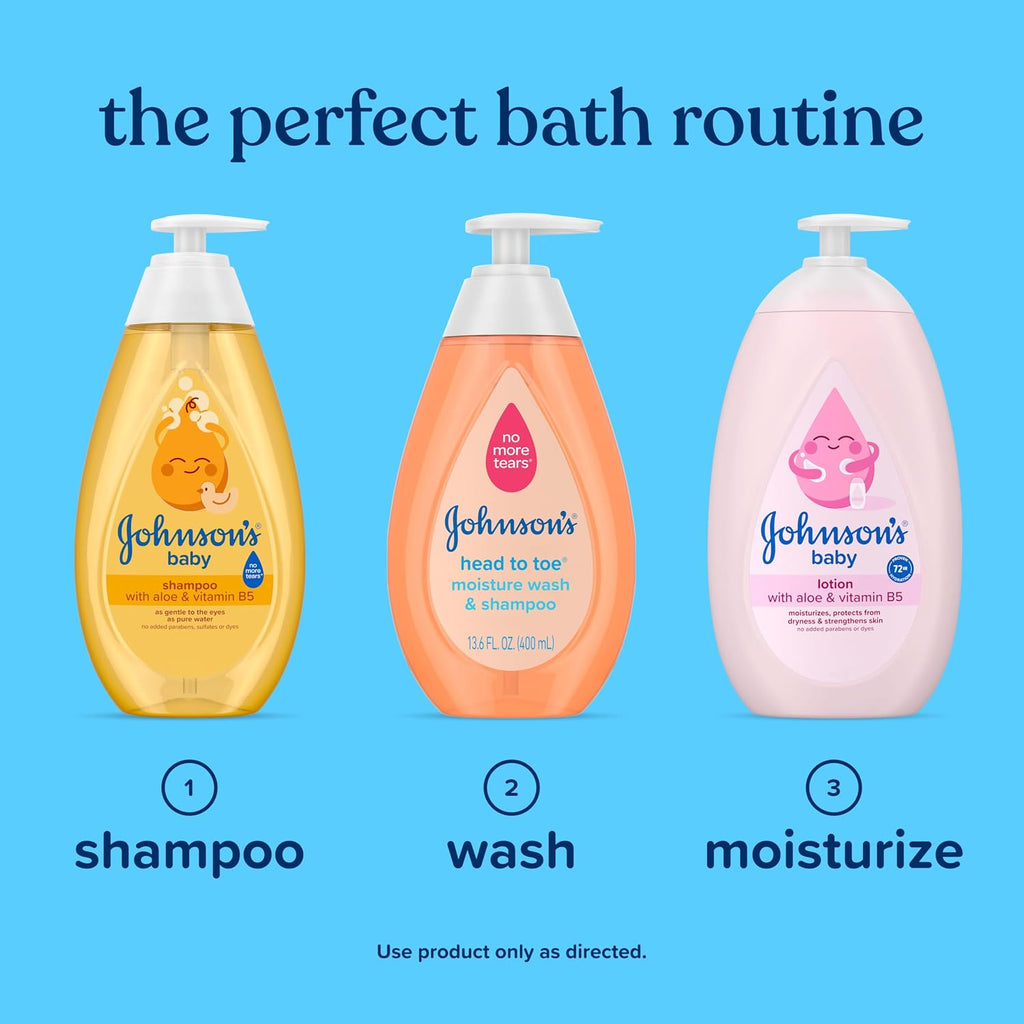 Johnson'S Baby Head-To-Toe Gentle Baby Moisture Tear Free 2 in 1 Baby Wash & Shampoo, Baby Essentials, Hypoallergenic and Ph Balanced, Stress Free Bathing, 13.6 Fl Oz