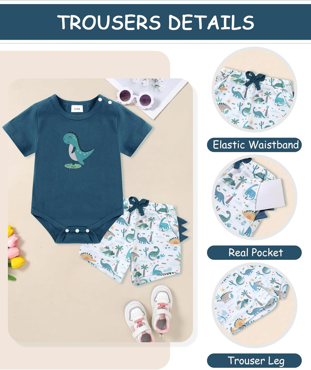 Baby Boy Clothes Newborn Summer Short Sleeve Cotton Crew Neck Button Crotch Romper Short Set Infant Boy Clothes